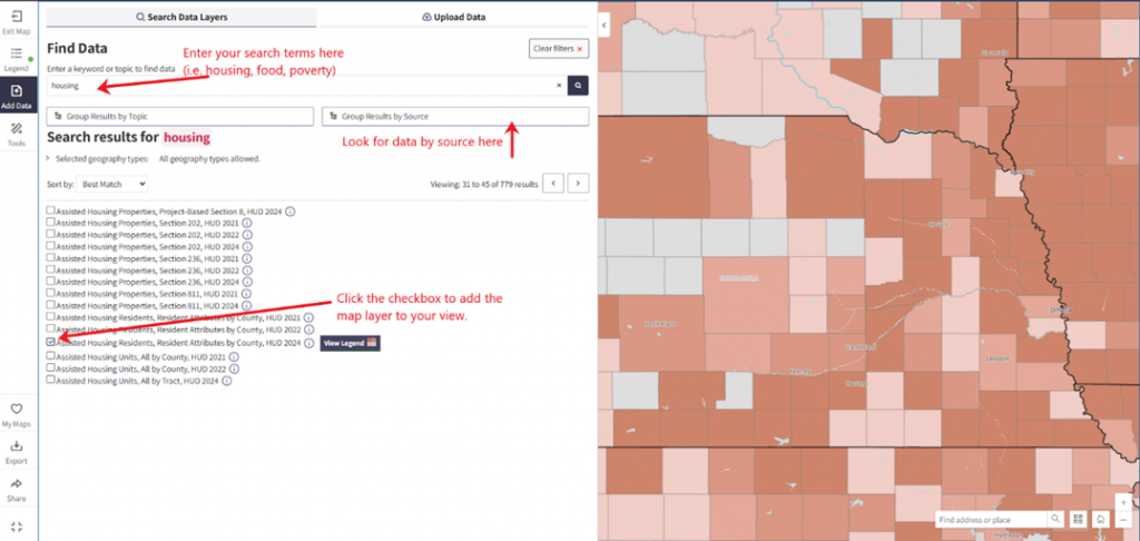 Screenshot of All Things Nebraska map room showing the Add Data pane with a list of layers for selection.