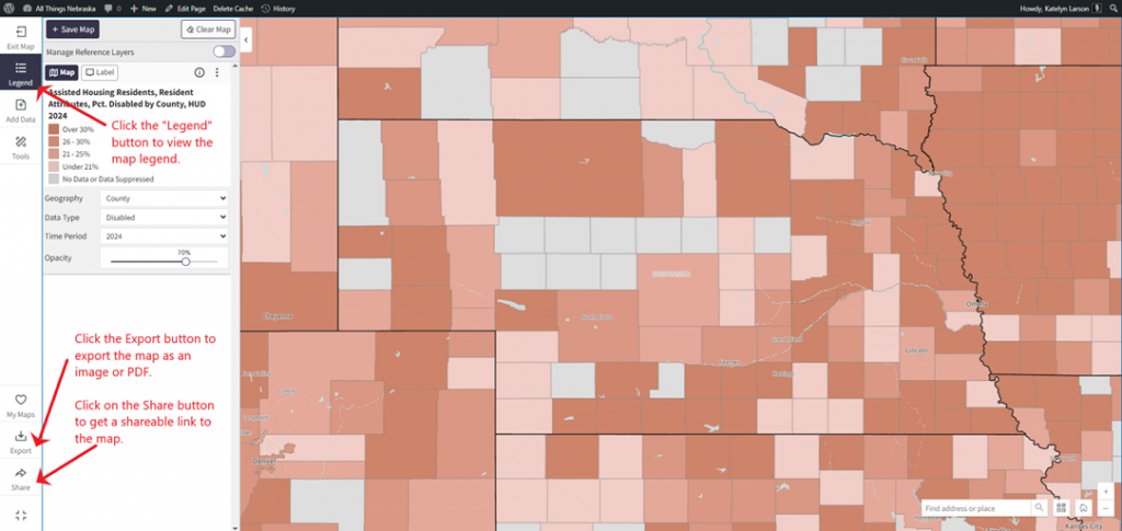 Screenshot of the All Things Nebraska map room showing the Legend pane and highlighting options for exporting and sharing a map.